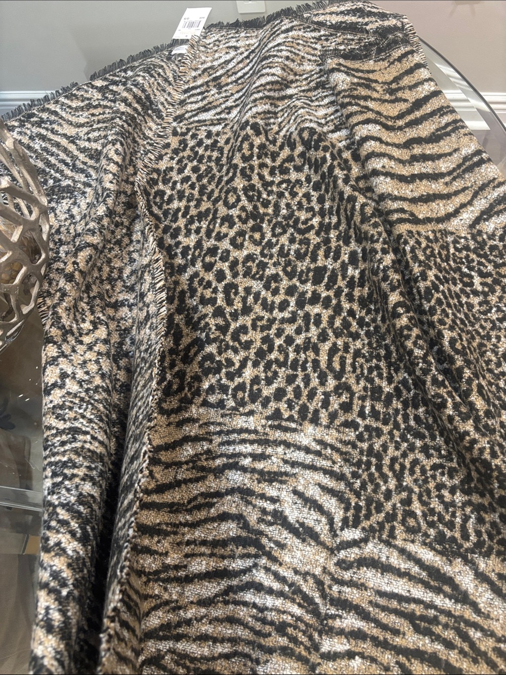 Michael Kors Black Brown Cream Animal Stripe Fringe Shawl - Picture 6 of 6